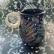 Load image into Gallery viewer, Ceramic Moon Handle Mug - Fern & Crystal Sgrafitto Cup (a)