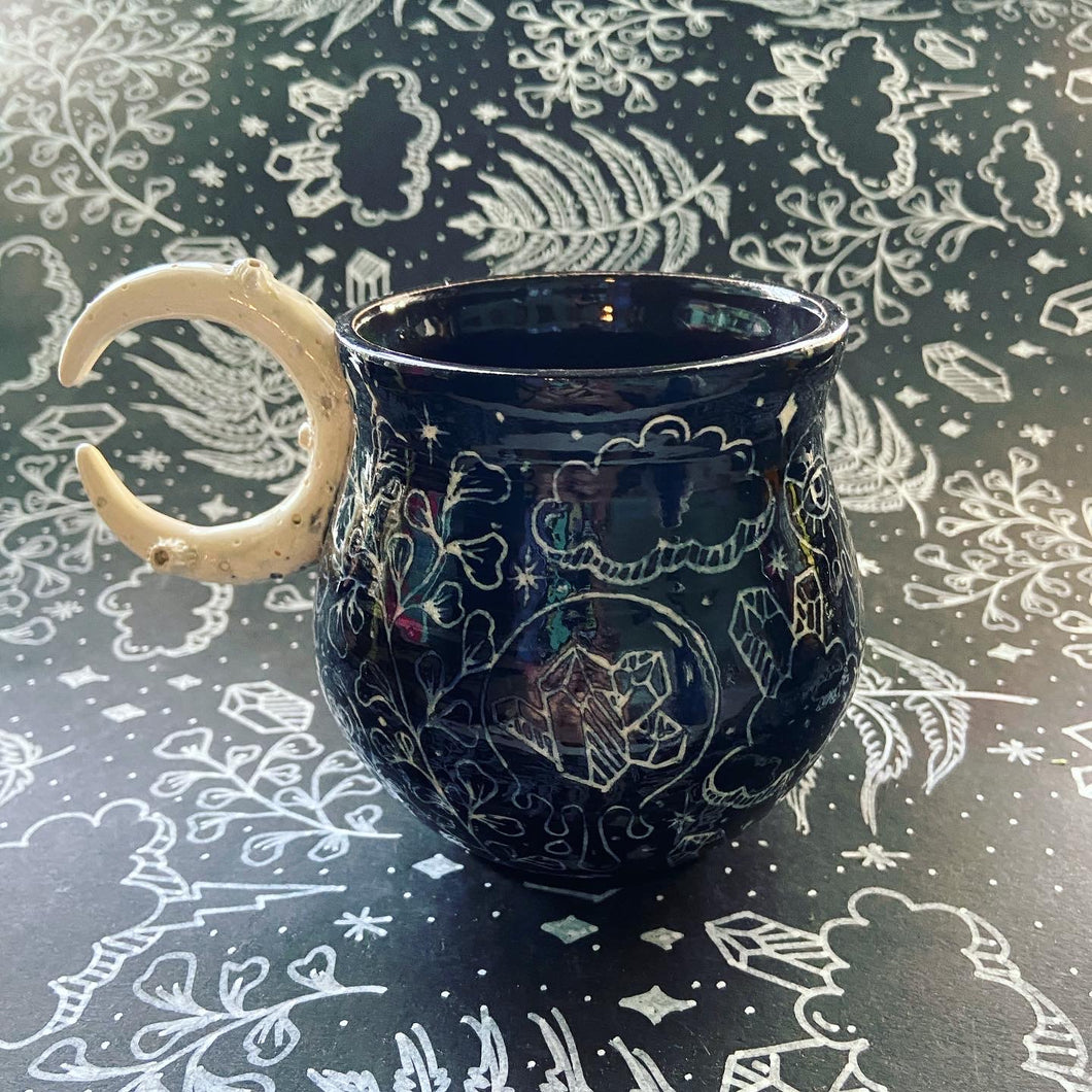 Ceramic Moon Handle Mug - Eye-Spy Sgrafitto Cup (b)