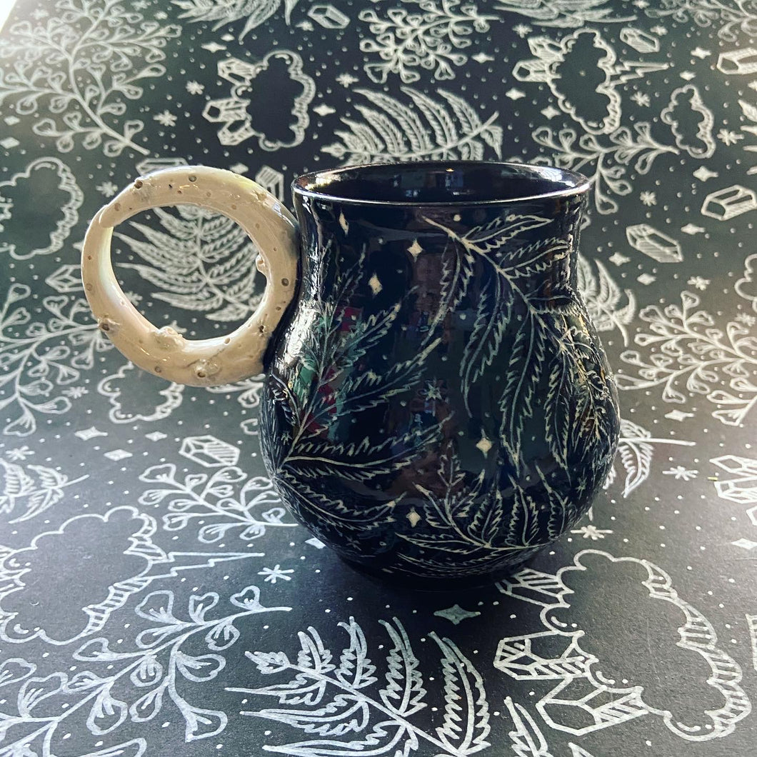 Ceramic Moon Handle Mug - Fern Sgrafitto Cup (d)